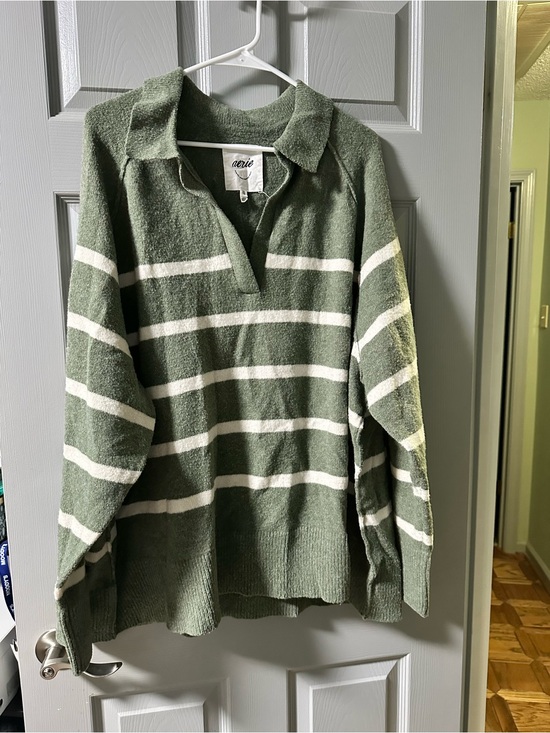 aerie Sweaters - Aerie Green and White Striped Collared Knit Pullover